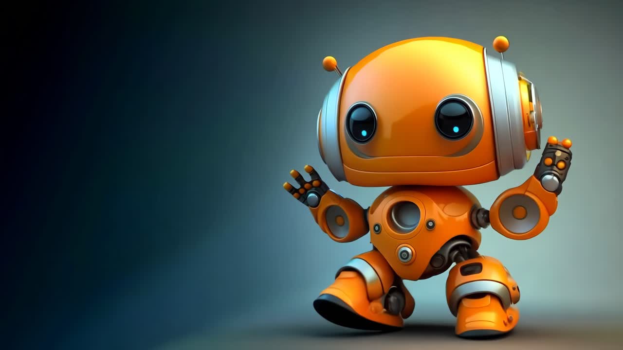 un robot naranja está de pie en una superficie gris