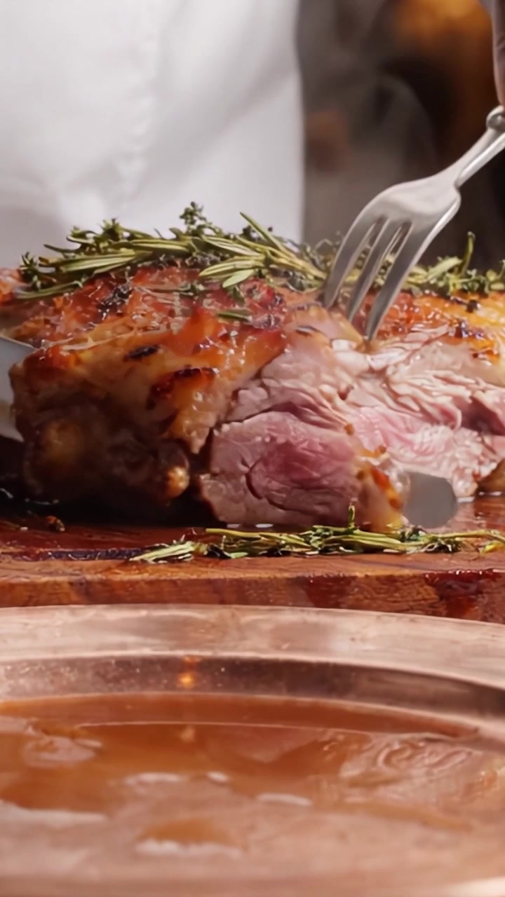 Affettare un arrosto succulento con erbe aromatiche: uno sguardo ravvicinato alla carne succosa e tenera e ai suoi deliziosi contorni per un'esperienza culinaria indimenticabile