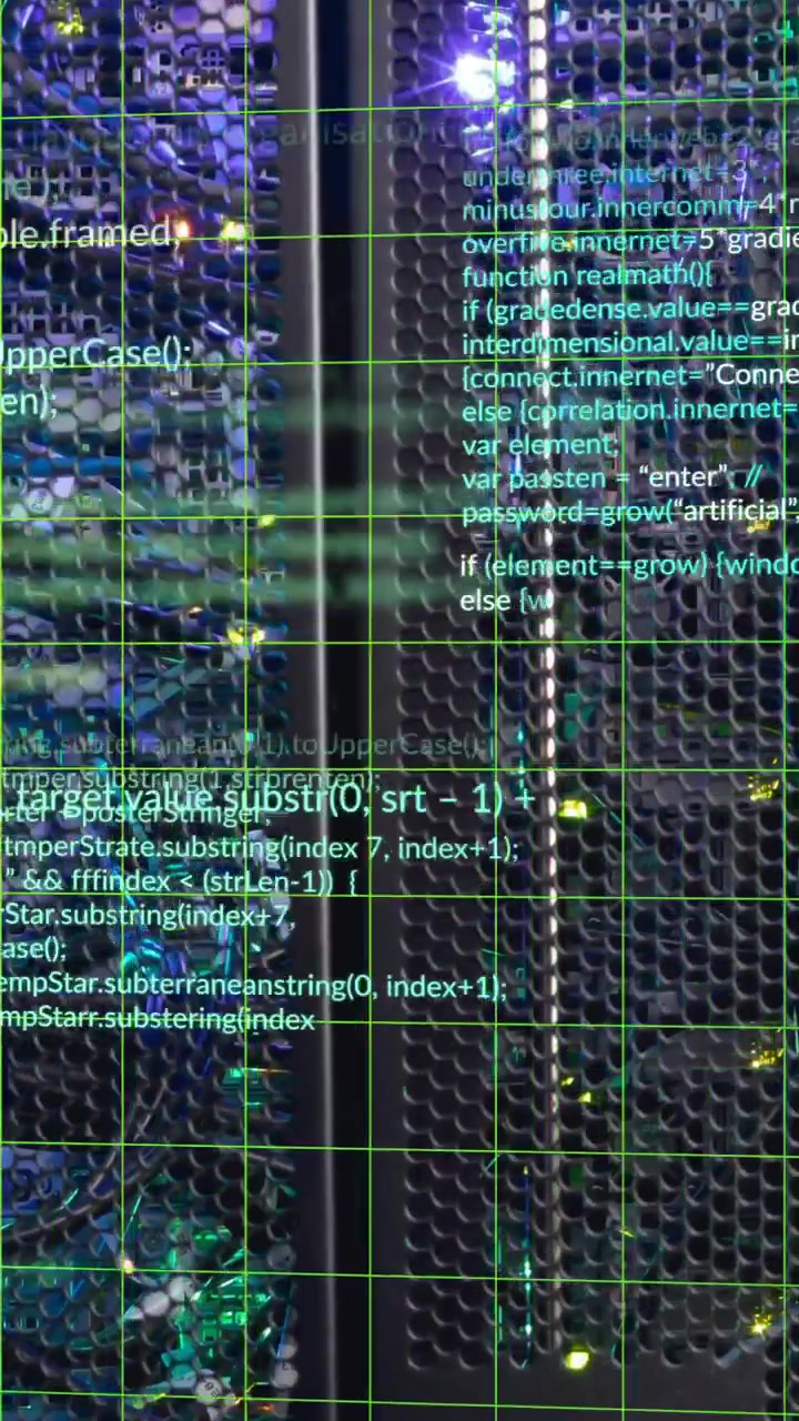 Animation of multicolored computer language over illuminated data server system