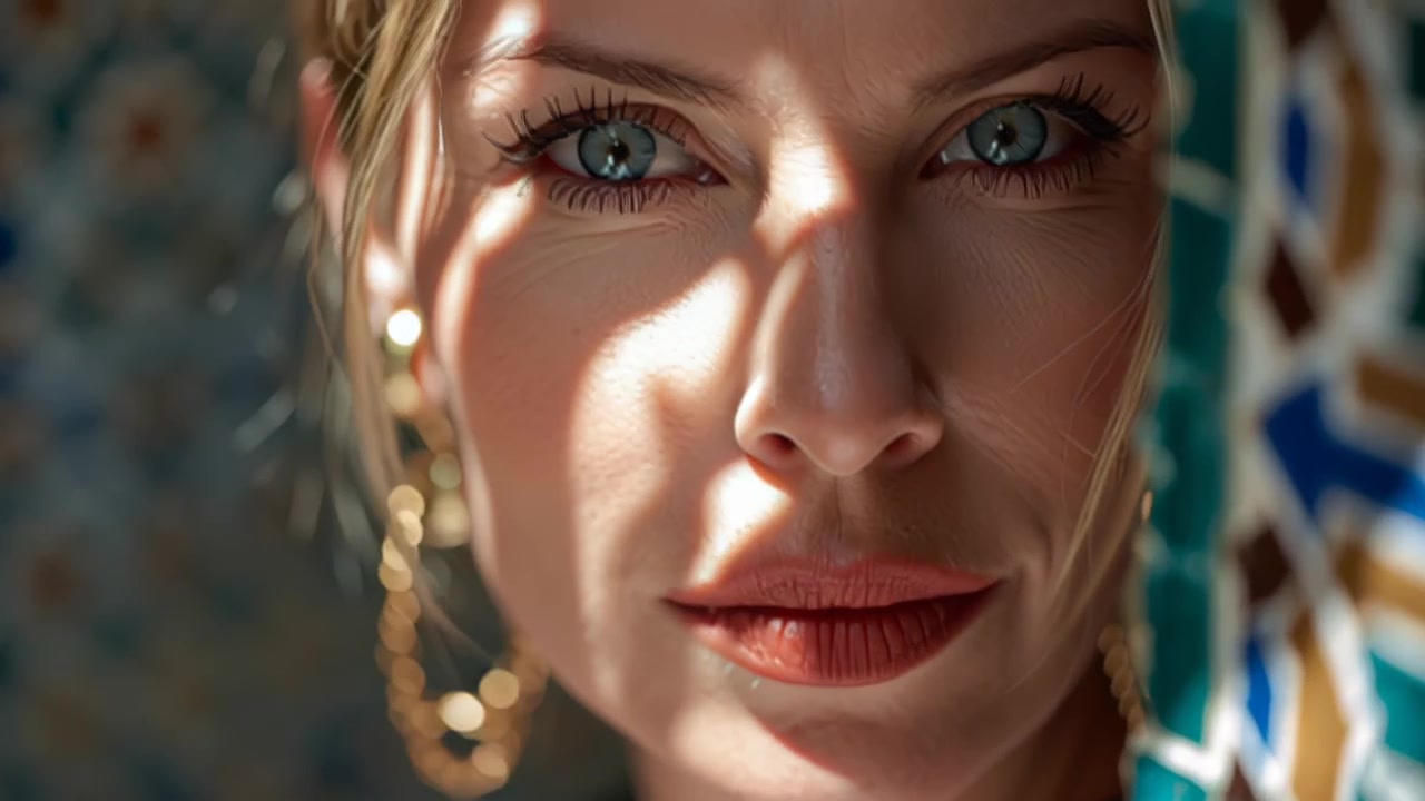 Primo piano cinematografico di una donna bionda con occhi azzurri e rossetto rosso, luce solare e ombra drammatiche sul viso, profondità di campo ridotta, sfondo di piastrelle a mosaico.