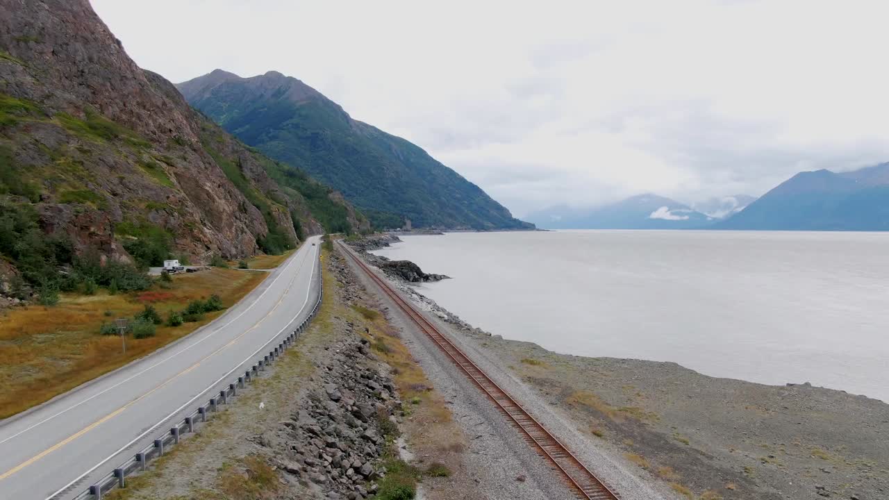 Scenic Coastal Road and Railroad in Alaska