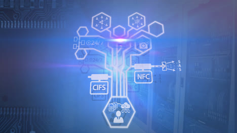 Network-of-digital-icons-against-microprocessor-connections-and-computer-server-room