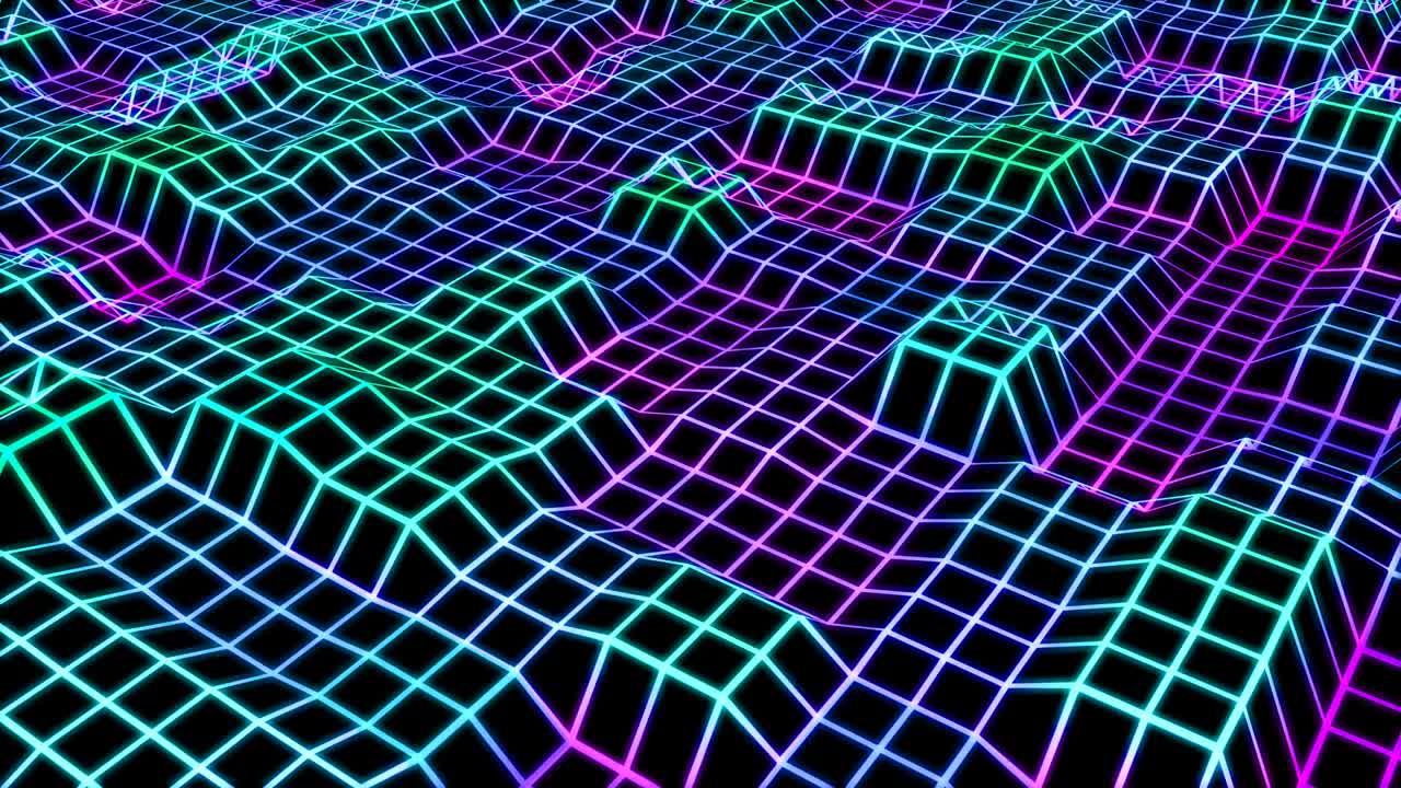 Retro 80s Wireframe Glowing Neon Grid Tiles Moving Up and Down - 4K Seamless Loop Motion Background Animation