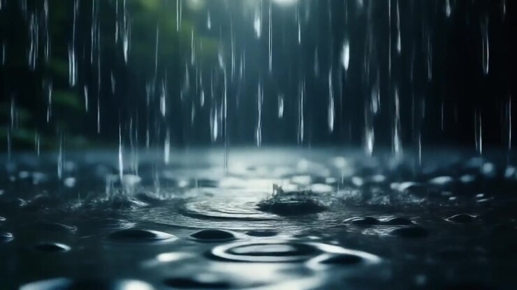 Heavy Rain Falling on Dark Reflective Surface