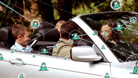 animación de la red de conexiones sobre la feliz familia caucásica en el coche