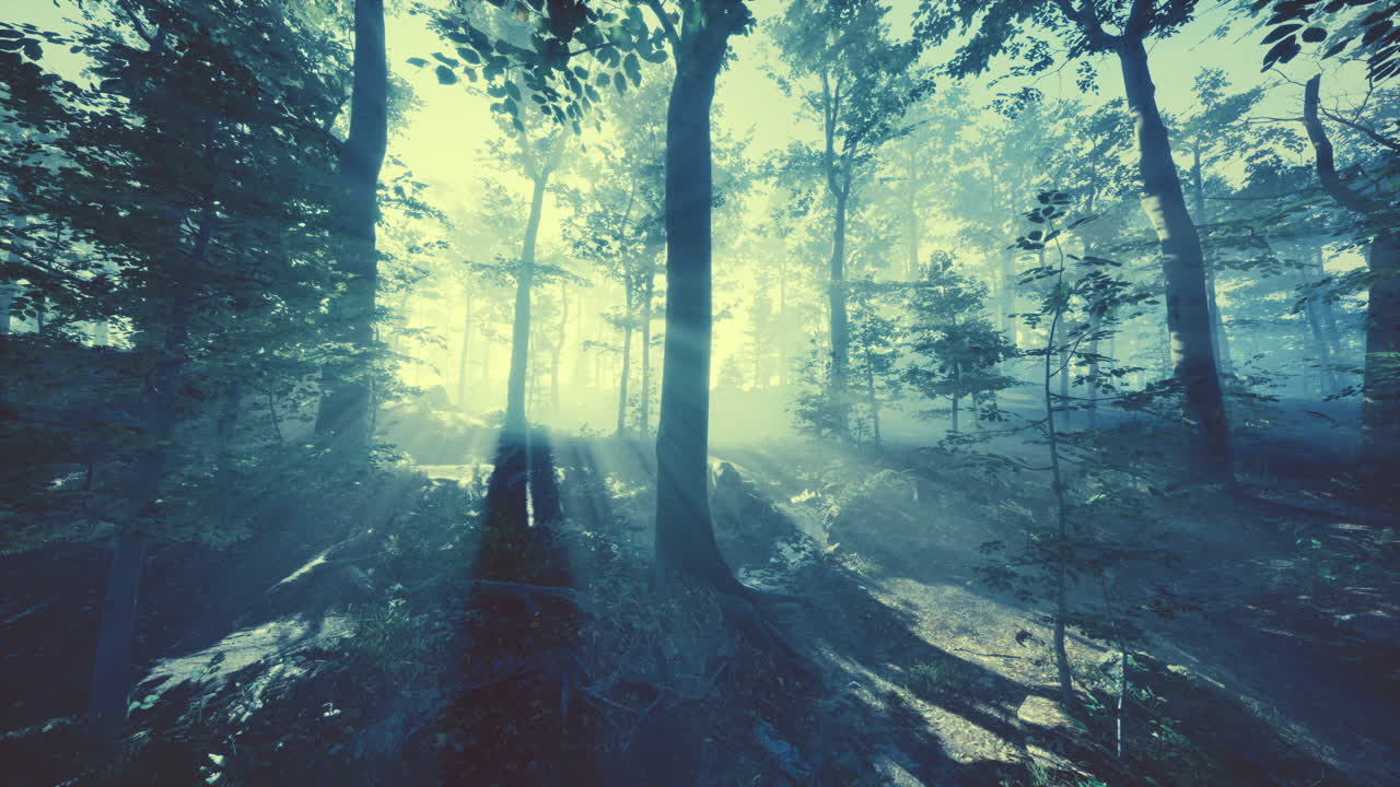 Sun Rays Shining Through a Foggy Forest