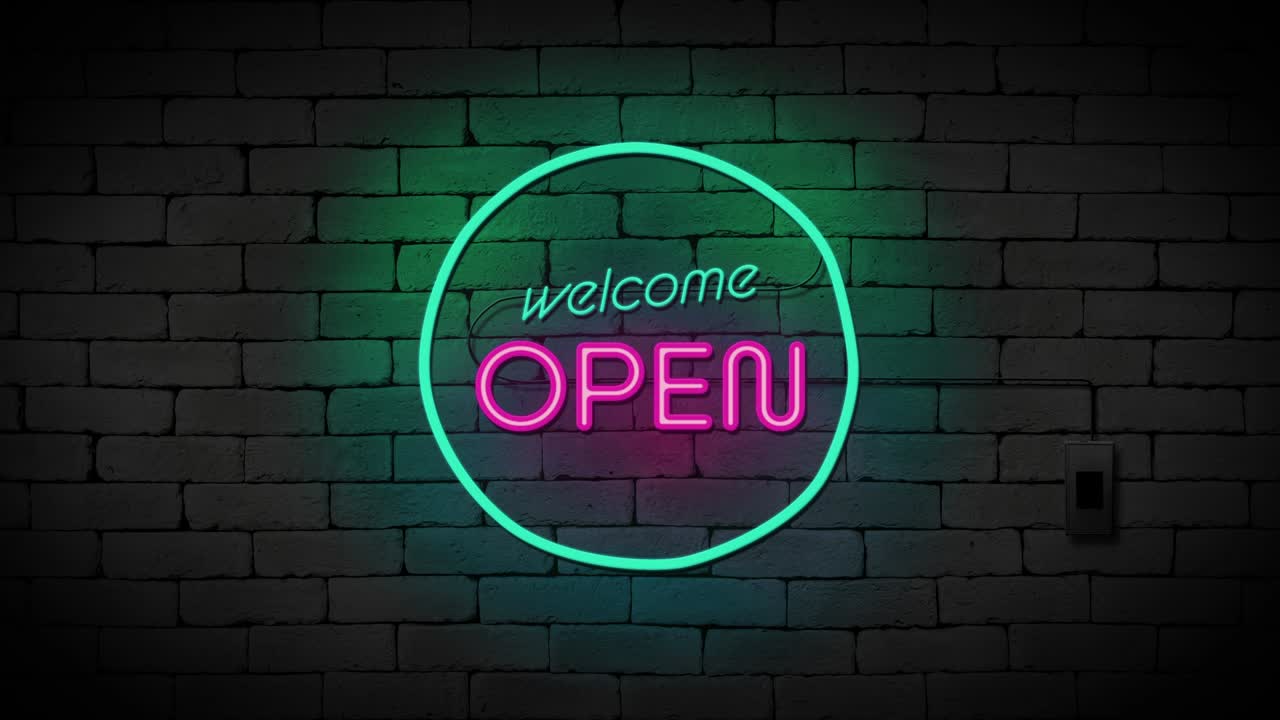 signo de neón abierto de bienvenida en el fondo de la pared de ladrillo. concepto de negocio y servicio.