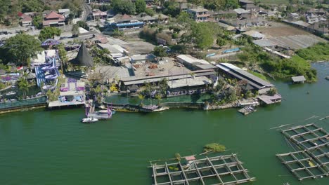 aerial of a seaweed farm in a lake around hot springs in mount batur bali indonesia