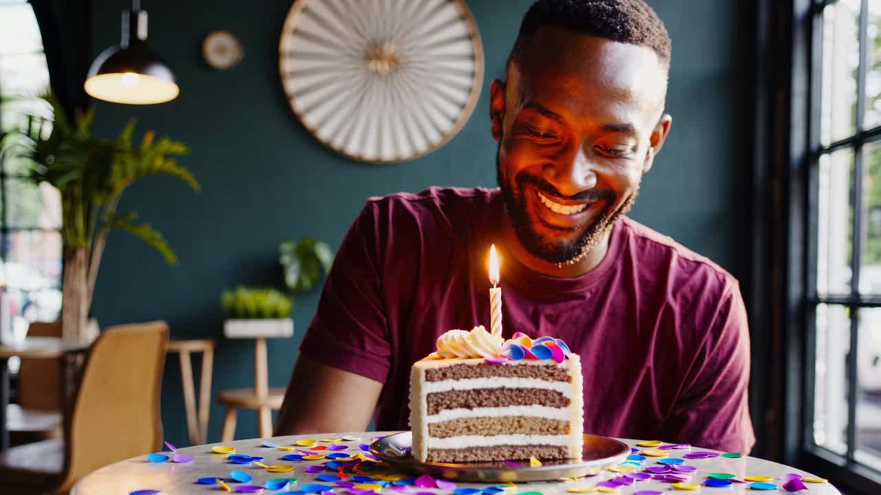 un hombre afroamericano alegre sonriendo mientras está sentado en la mesa de un café, celebrando su cumpleaños con coloridos confeti alrededor de una vela encendida en un dulce pastel de postre