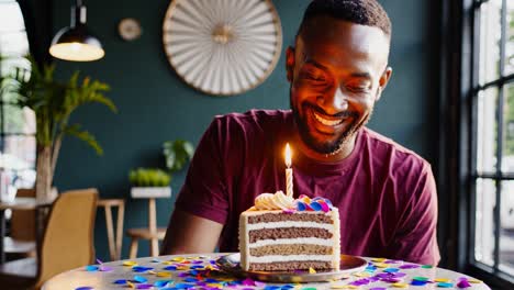 joyful african american man grinning while sitting at cafe table, celebrating birthday with colorful confetti surrounding lit candle on sweet dessert cake