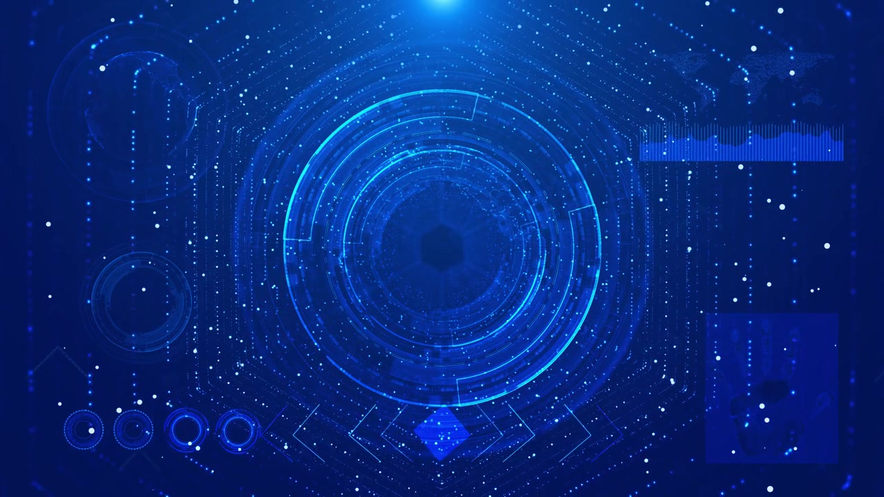 Futuristic globe dashboard tech visual with cyan hud rings map graphics data charts and deep blue