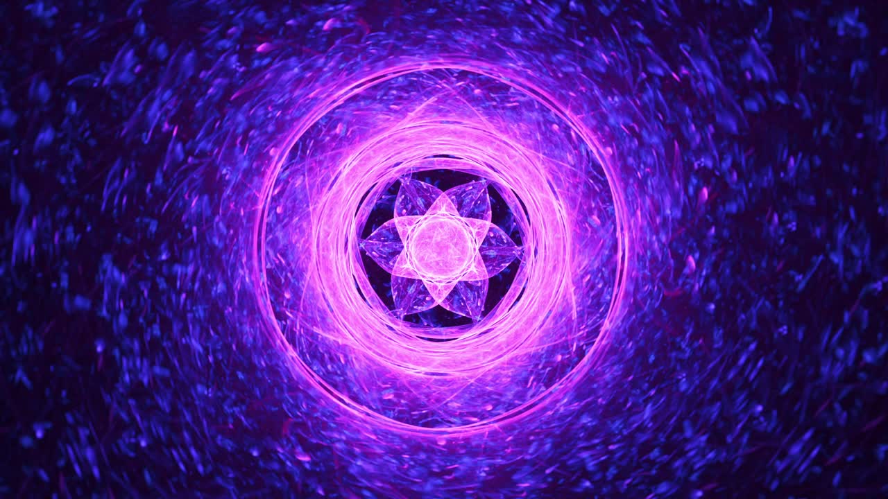 núcleo de flor púrpura cristalizado - fondo abstracto de espirales fractales sin fisuras, fusión espiritual meditativa relajante, mandala de caleidoscopio intrincado, geometría de imaginación colorida sagrada