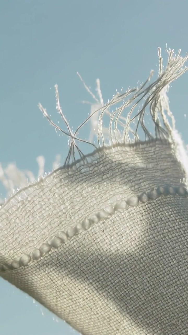Video verticale: Frangia di tessuto beige che si inclina e svolazza all'aperto, la brezza solleva le fibre, orlo cucito.