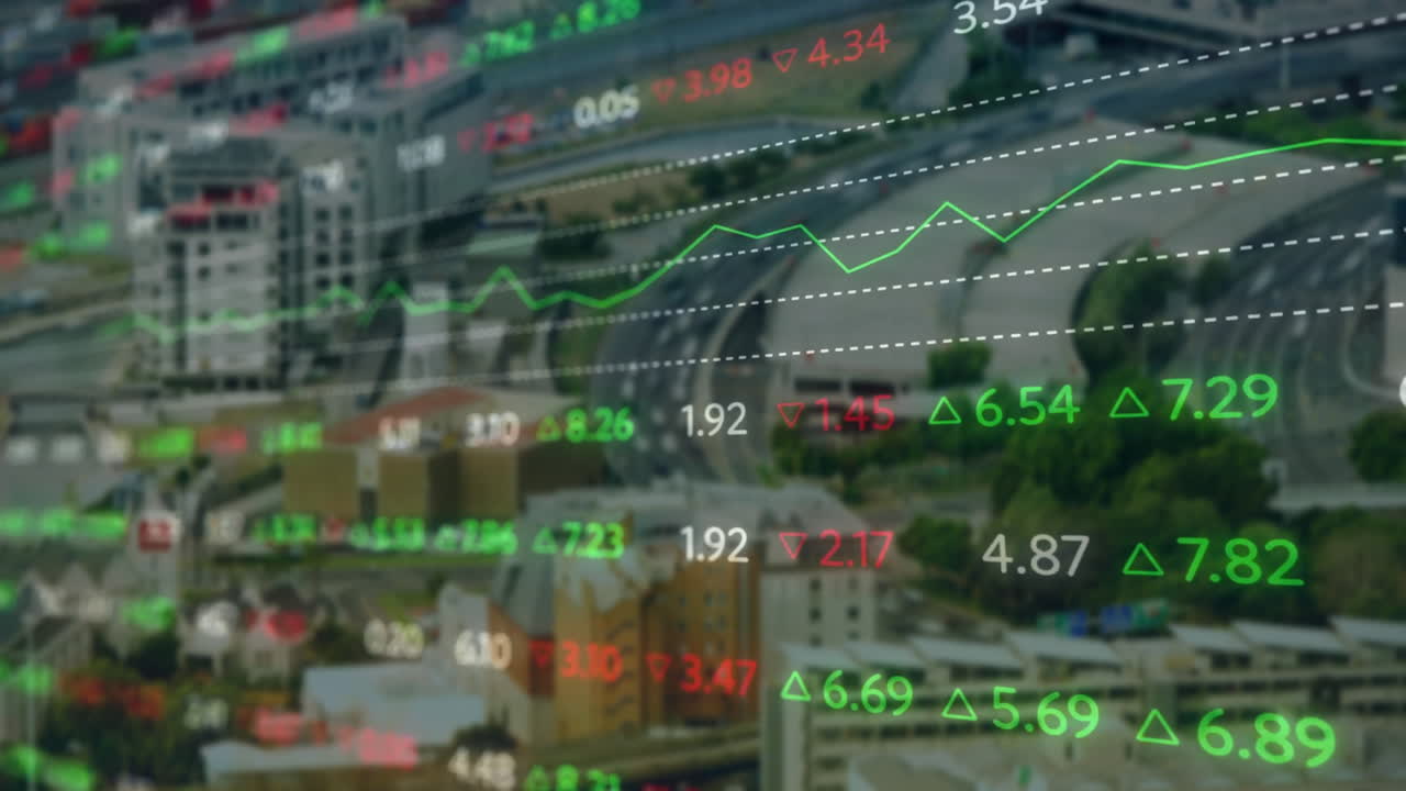 Animation der Finanzdatenverarbeitung über Stadtlandschaft
