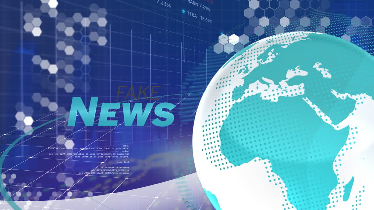 서클의 애니메이션, 가짜 뉴스 텍스트, 거래 보드, 그래프, 지구와 컴퓨터 언어