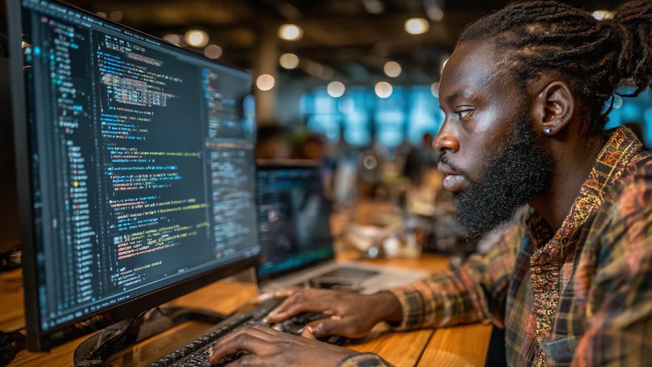Focused Programmer Analyzing Code on Dual Monitors in a Modern Workspace Environment, Showcasing the Art of Software Development and Problem-Solving Skills