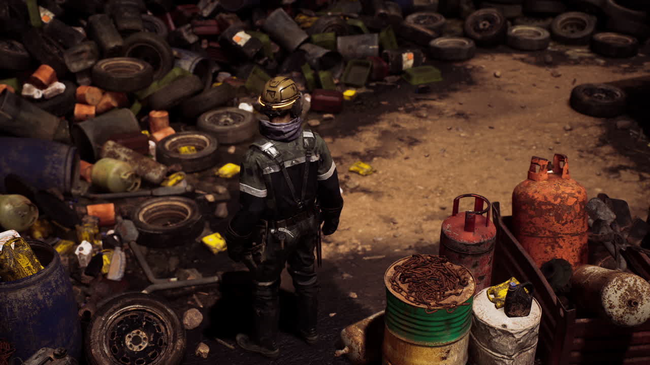 Worker surveys hazardous waste area while wearing protective gear and helmet