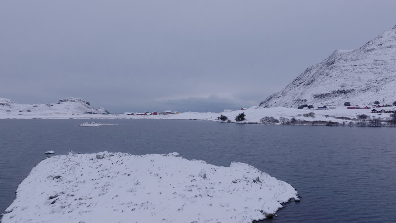 Aerial shot of famous surfing spot Ervik covered in snow on a winter day