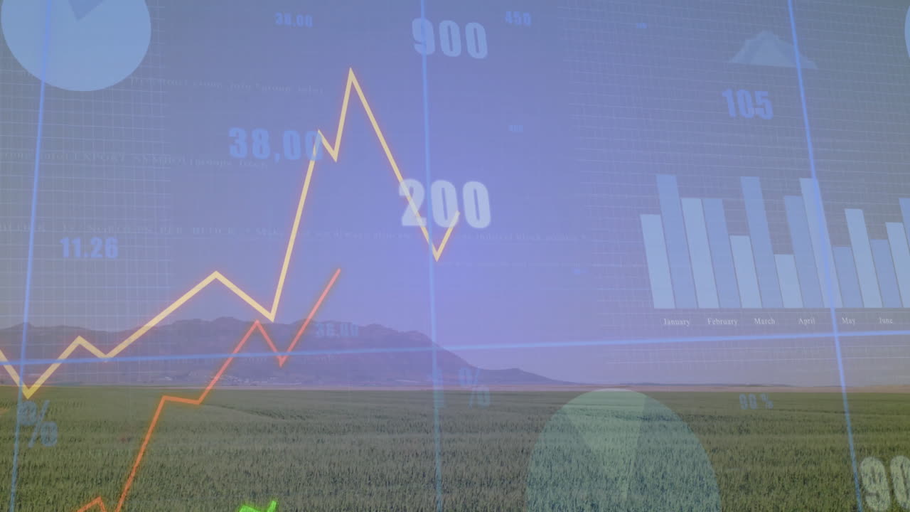 Flat design illustration showing clear data overlay over field with yellow line and bar charts