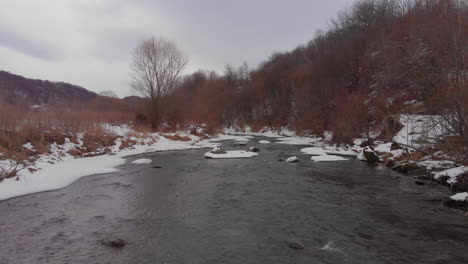 Aerial-view-of-a-almost-frozen-river-near-a-deciduous-forest-in-Romania