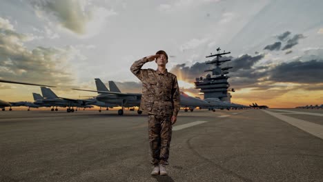 full body of asian man soldier saluting while standing on aircraft carrier