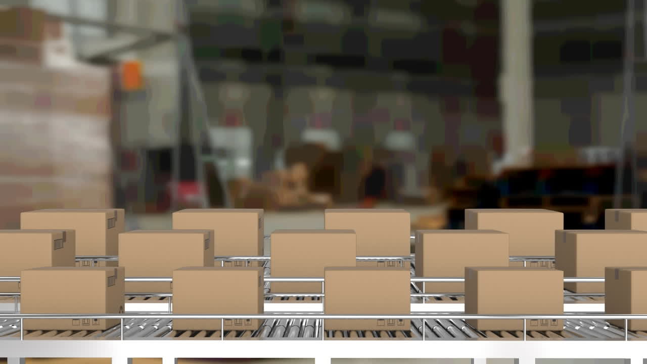 анимация картонных коробок на конвейерных лентах на складе
