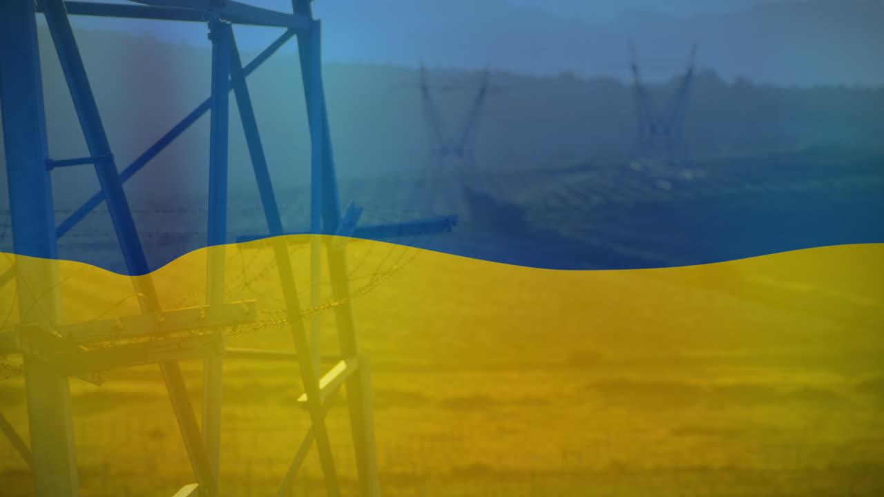 우크라이나의  ⁇ 발의 애니메이션 필드 및 전기 기둥 위에