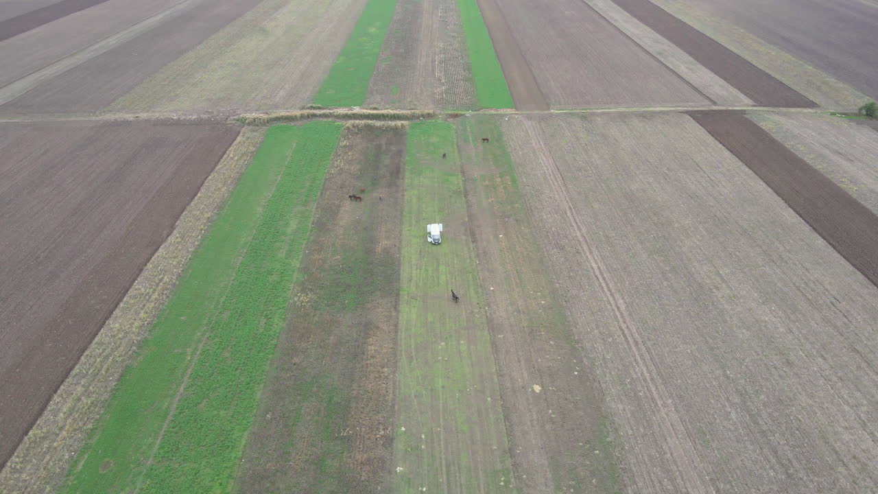 흰색 차량은 농촌 환경에서 벌거벗은 갈색과 녹색 농경지에 앉아 있습니다.