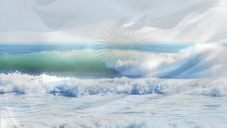 digital composition of argentina flag waving against aerial view of waves in the sea