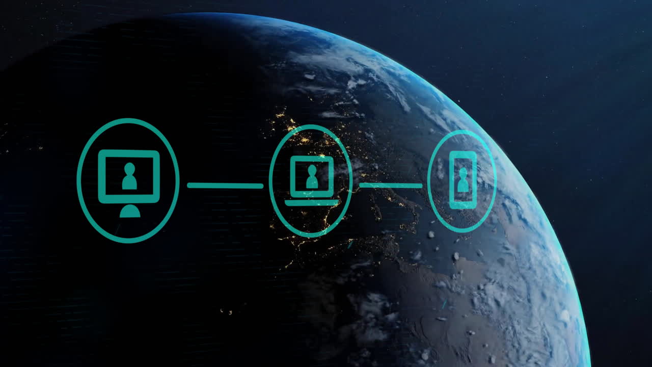 Animation of icons and financial data processing over globe