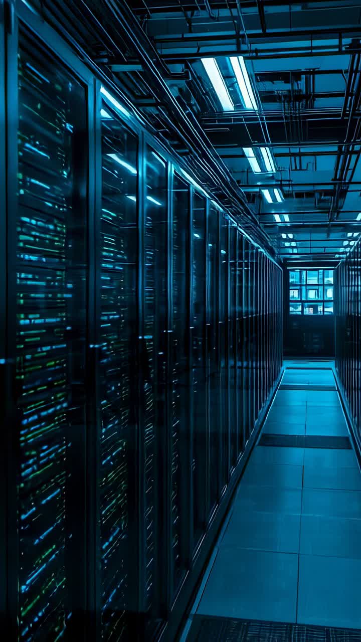 Vertical video: Gliding camera capturing racks and cable trays down data center corridor at startup