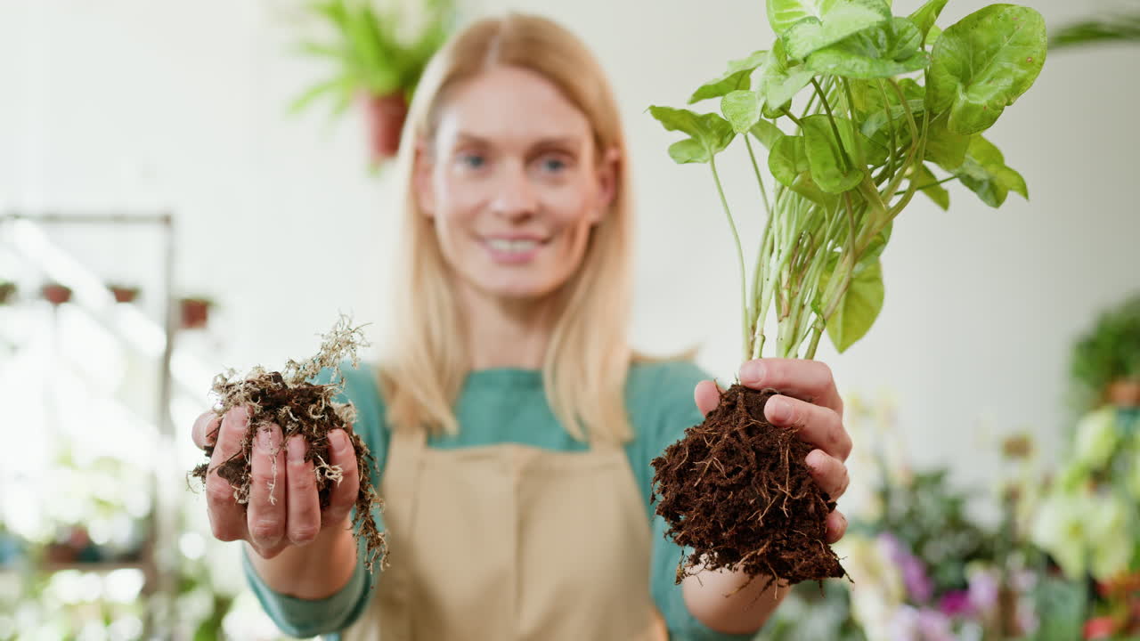 mujer comparando raíces de plantas saludables y no saludables