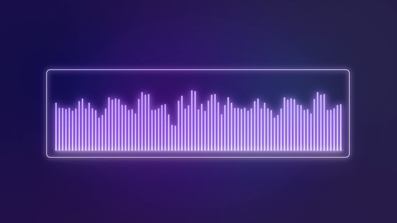 어두운 배경 루프 애니메이션에서 오디오 파동 형태 동일화. 음악 또는 음향 레벨. 추상적인 모션 라이브 벽화. 그라디언트 스트럼 바 그래프. 반이고 스하는 루프 스 4k 영상