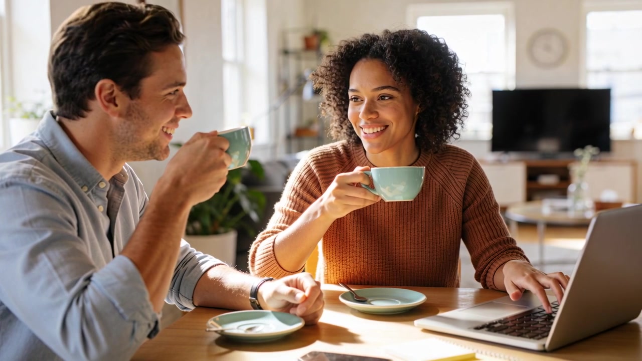 Una mujer con suéter color óxido observa un portátil mientras sorbe de tazas color verde azulado en la cocina, escribiendo y discutiendo planes.