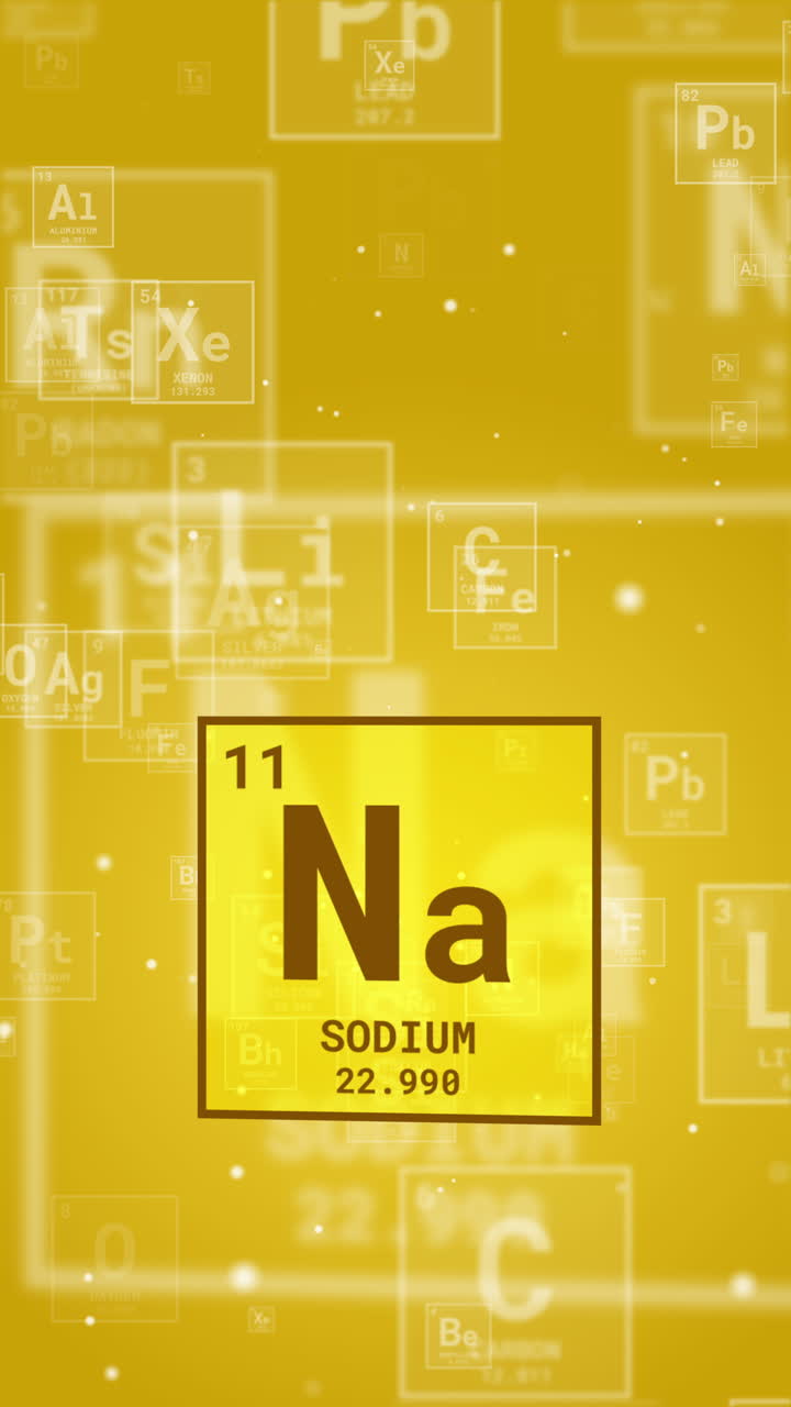 Sodium Na, chemical element sign with number 11 in periodic table. Animated icon on loop yellow background. Vertical video.