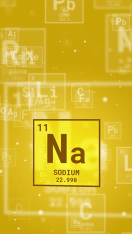 sodium na, chemical element sign with number 11 in periodic table. animated icon on loop yellow background. vertical video.