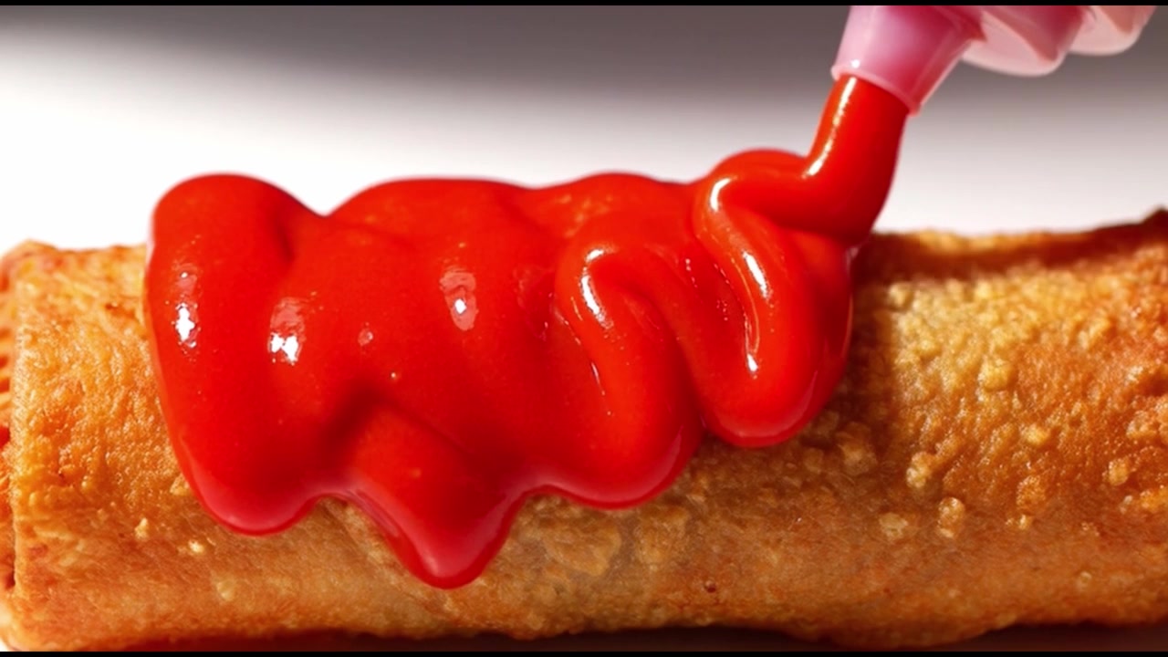 Ketchup wird auf eine knusprig frittierte Frühlingsrolle gespritzt