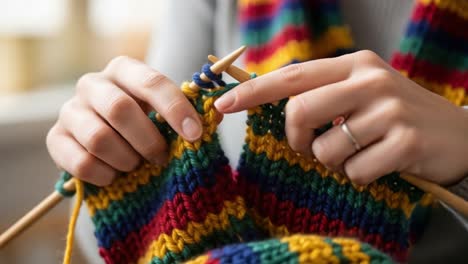 a close-up of hands skillfully knitting a colorful patterned scarf, showcasing intricate techniques and vibrant yarn in a cozy indoor setting