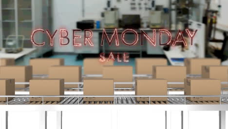 animation of cyber monday sale text over cardboard boxes on conveyor belts