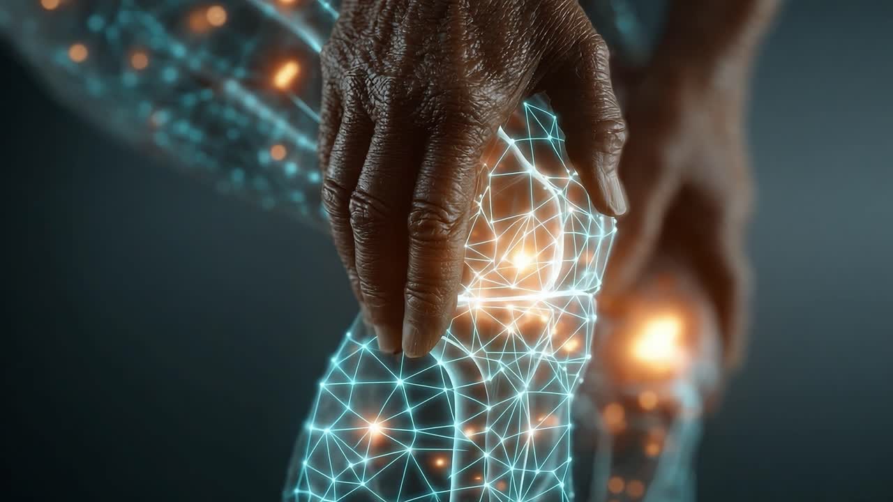 A Detailed Representation of Hand Interaction with a Futuristic, Luminous Knee Structure, Highlighting Advanced Technology in Bodily Representation and Health Insights