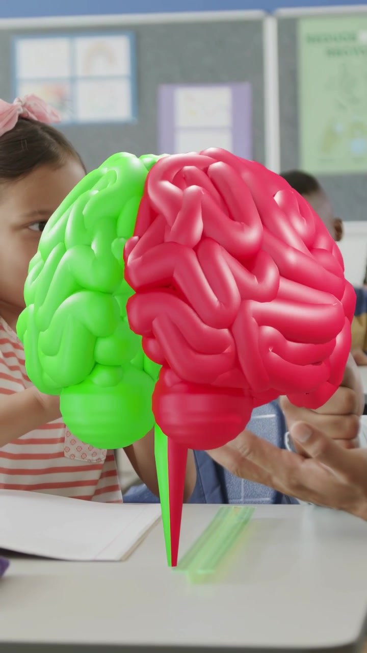 Vertical video: Teacher gesturing in class causing floating red-green brain to rotate for lesson