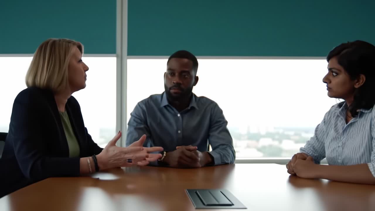 Une discussion collaborative entre trois professionnels dans un bureau moderne, explorant des idées et des stratégies pertinentes pour l'engagement et la productivité