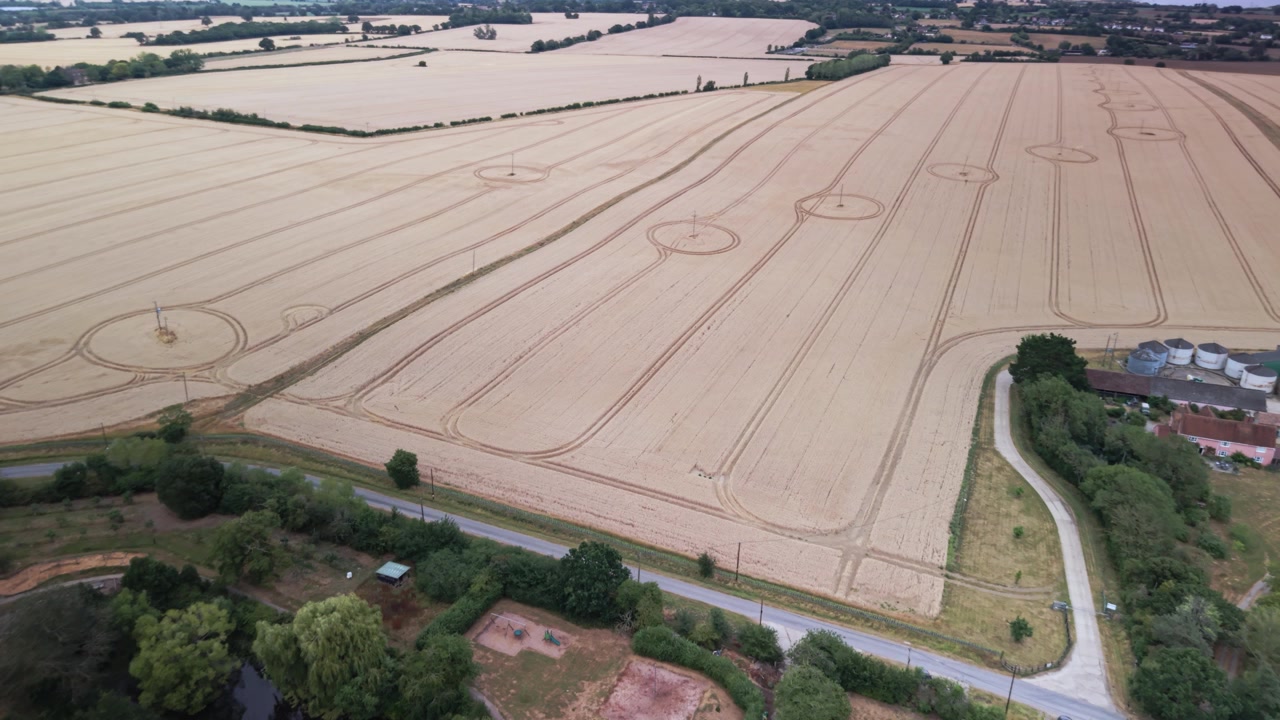 High angle aerial shot of golden wheat fields and a traditional brick estate in Essex, UK. Showcases sustainable agriculture and rural infrastructure.