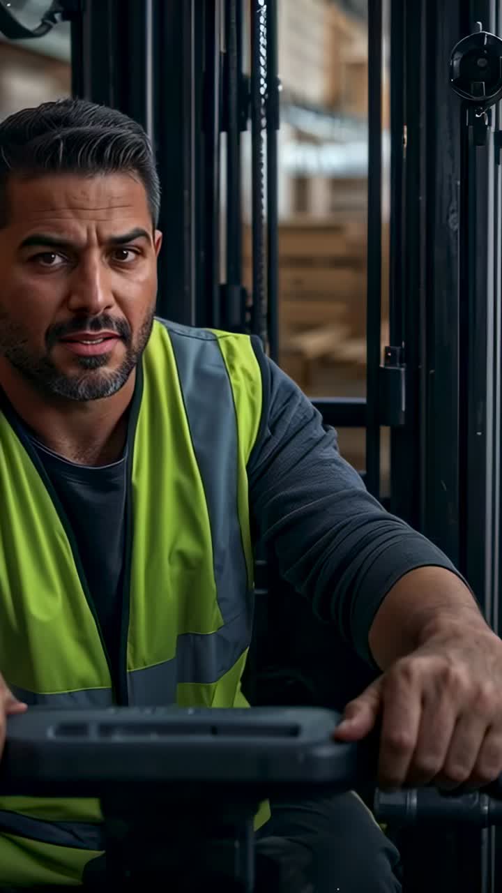 Video verticale: modifica dei comandi, magazziniere con indumenti ad alta visibilità che scansiona uno scaffale per il prelievo di un pallet