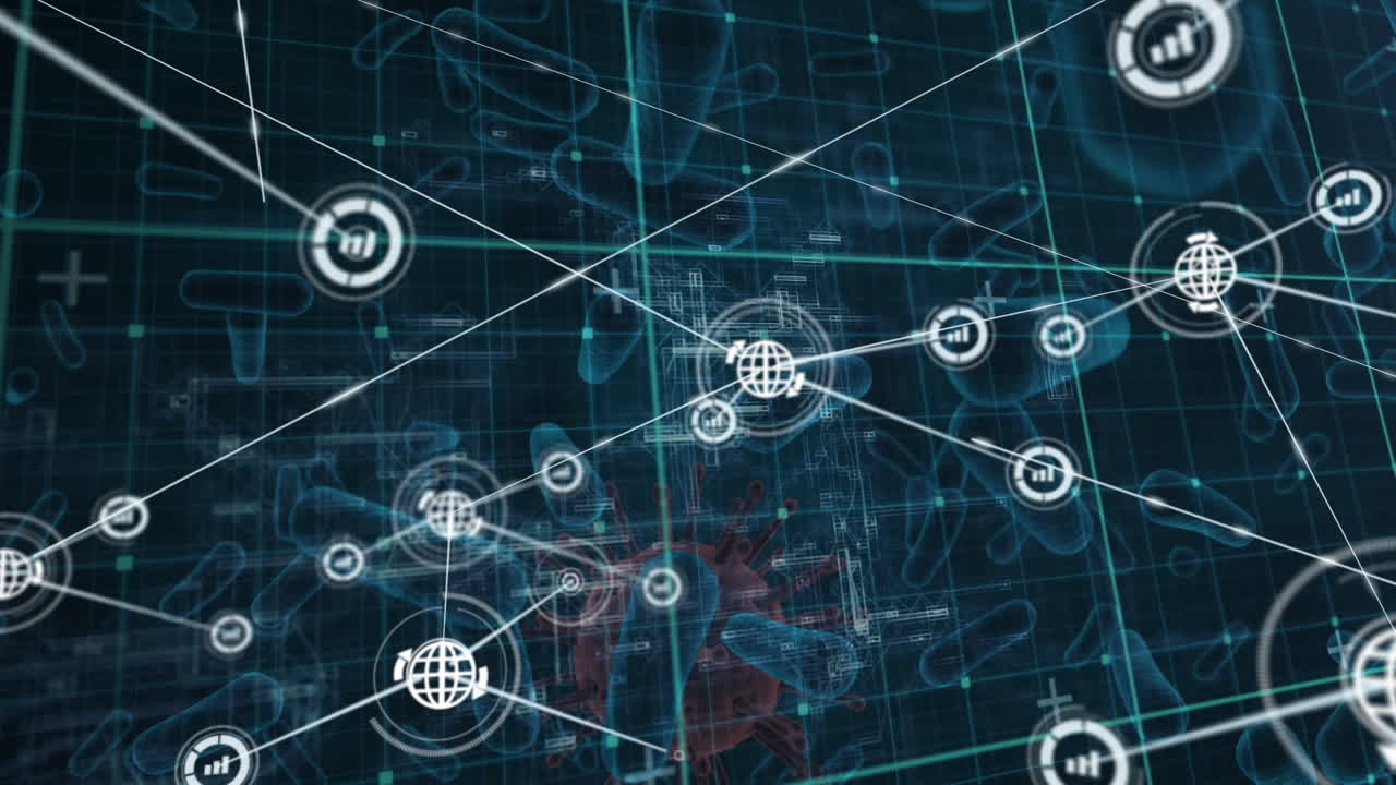 Network of digital icon over grid network against covid-19 cell and blood vessels on blue background