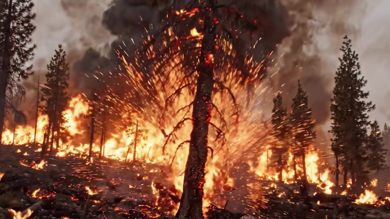 Un devastante incendio boschivo inghiotte il paesaggio, consumando alberi e sottobosco, creando nuvole di fumo che si innalzano contro il cielo che si oscura in una fiammeggiante dimostrazione della furia della natura