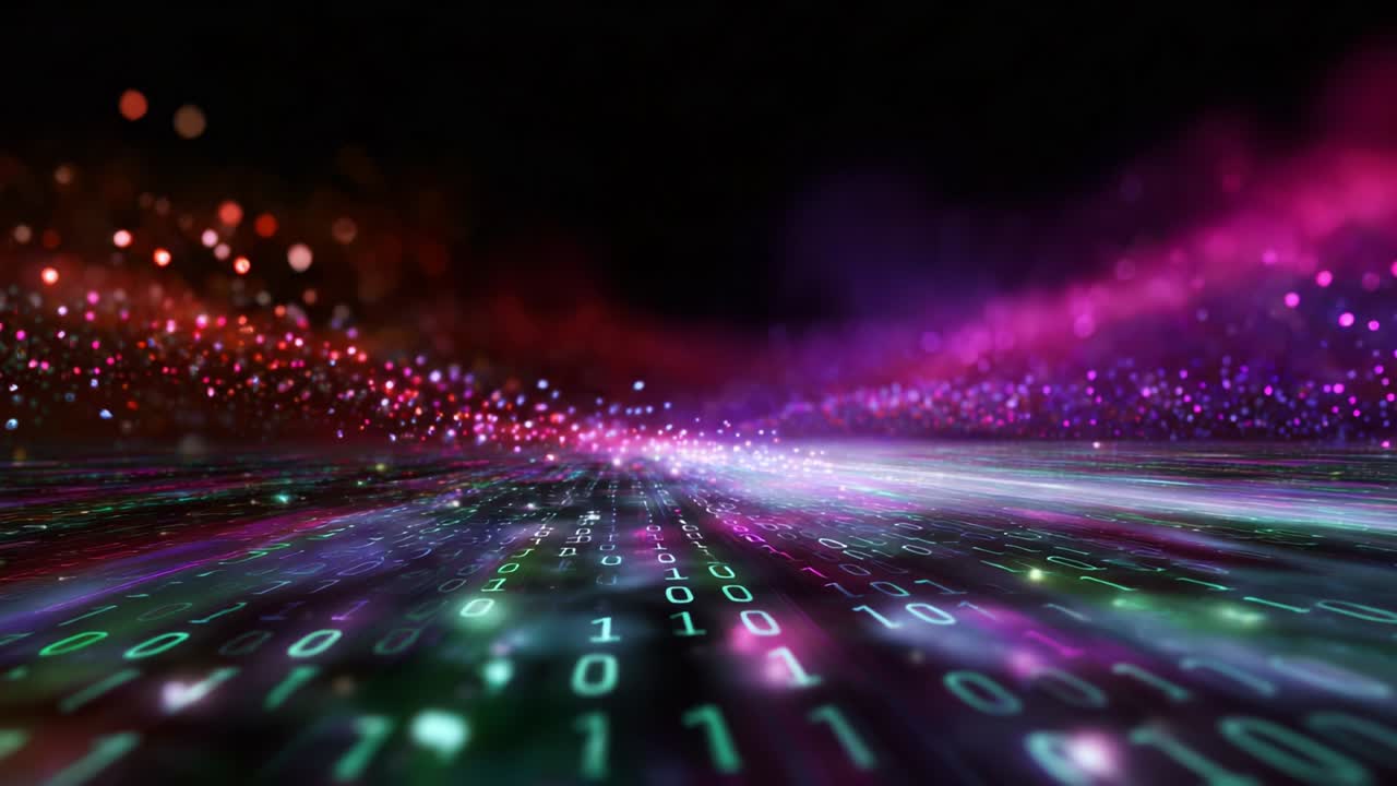 A Stunning Visualization of a Digital Landscape with Vibrant Colors, Binary Codes, and Dazzling Lights, Representing the Endless Expanses of Information Flowing in a Multifaceted Virtual Realm