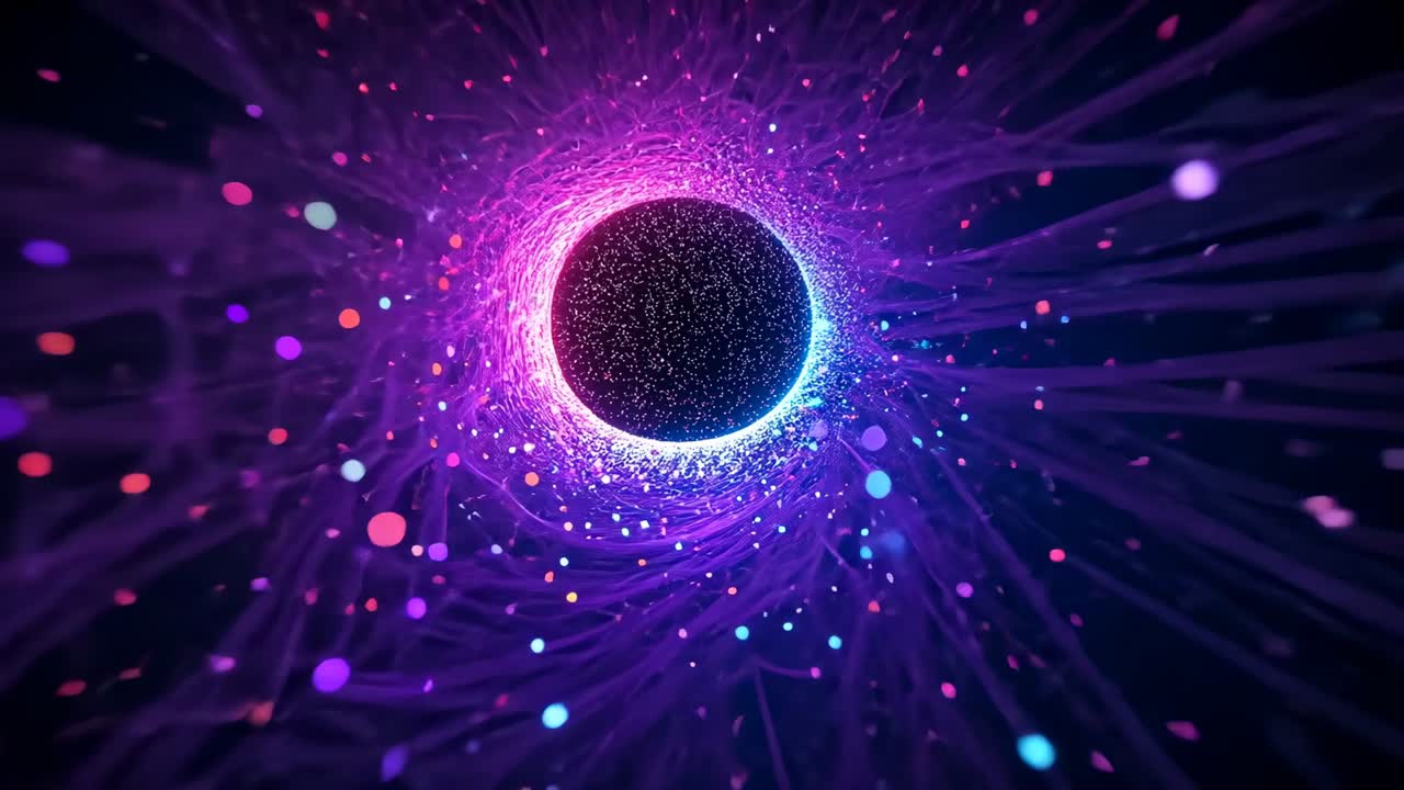 Faint halo flickering around sphere spawning neon filaments radiating drifting particles in void