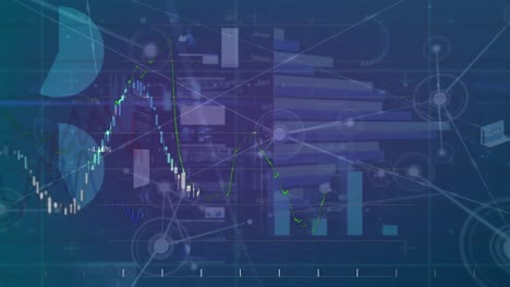 Animation-of-network-of-connections-over-financial-data-processing-on-blue-background