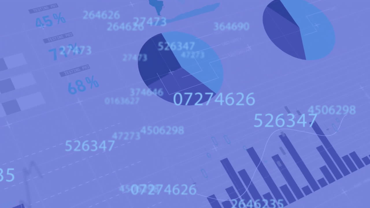 animación del procesamiento de datos sobre gráficos y gráficos sobre fondo azul